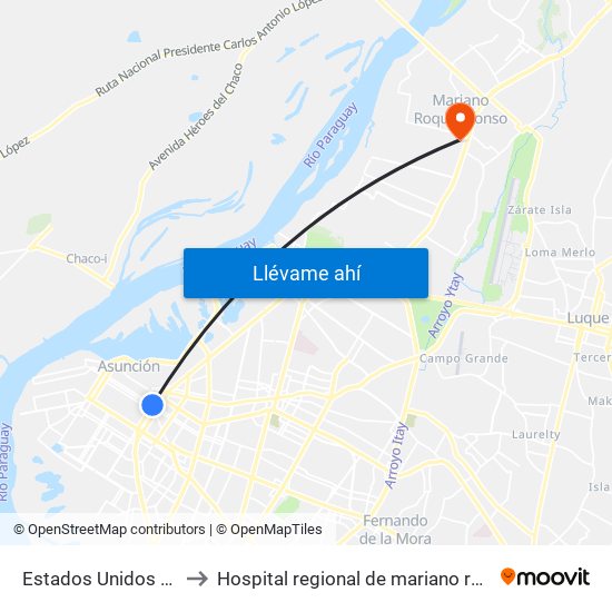 Estados Unidos X Azara to Hospital regional de mariano roque alonzo map