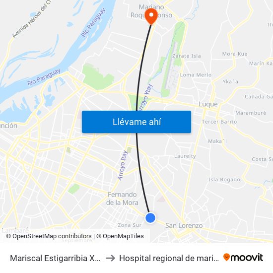 Mariscal Estigarribia X Andrés Barbero to Hospital regional de mariano roque alonzo map