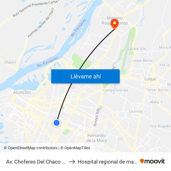 Av. Choferes Del Chaco X Av. Eusebio Ayala to Hospital regional de mariano roque alonzo map