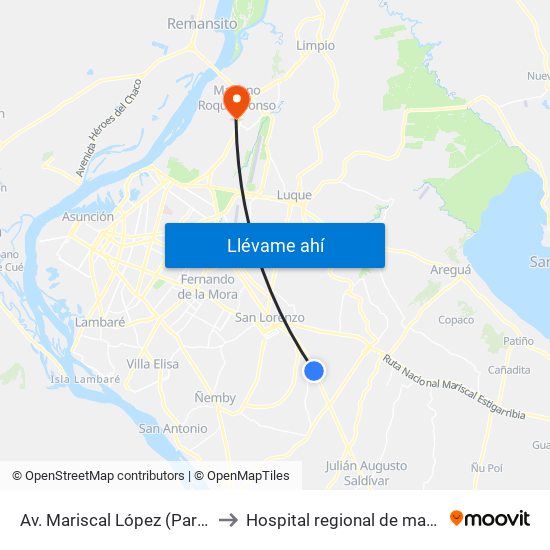 Av. Mariscal López (Parada Km. 17 (1/2)) to Hospital regional de mariano roque alonzo map