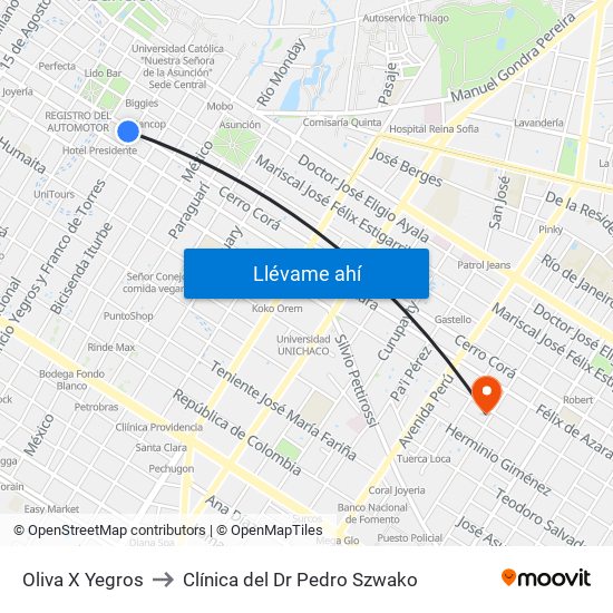 Oliva X Yegros to Clínica del Dr Pedro Szwako map