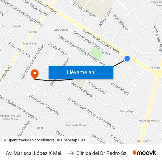 Av. Mariscal López X Melgarejo to Clínica del Dr Pedro Szwako map