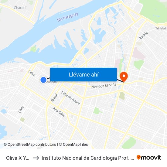 Oliva X Yegros to Instituto Nacional de Cardiologia Prof. Dr. J. A. Cattoni map