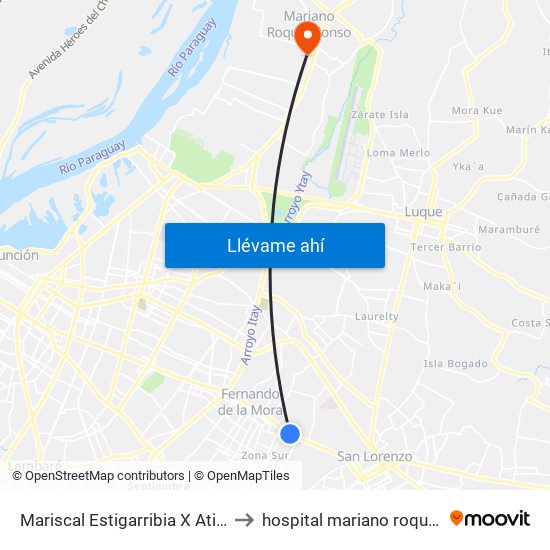 Mariscal Estigarribia X Atilio Galfre to hospital mariano roque alonzo map