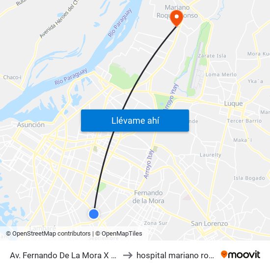 Av. Fernando De La Mora X De La Victoria to hospital mariano roque alonzo map