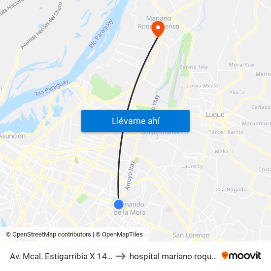 Av. Mcal. Estigarribia X 14 De Mayo to hospital mariano roque alonzo map