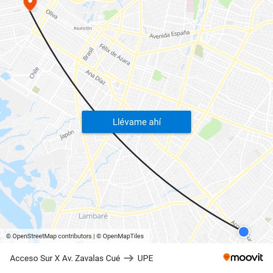 Acceso Sur X Av. Zavalas Cué to UPE map
