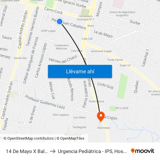 14 De Mayo X Balderrama to Urgencia Pediátrica - IPS, Hospital de Luque map