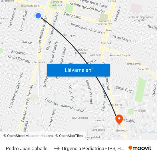 Pedro Juan Caballero X Herrera to Urgencia Pediátrica - IPS, Hospital de Luque map