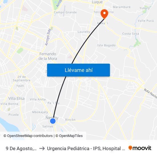 9 De Agosto, 345 to Urgencia Pediátrica - IPS, Hospital de Luque map