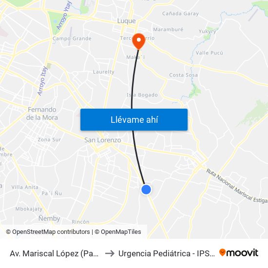 Av. Mariscal López (Parada Km. 17 (1/2)) to Urgencia Pediátrica - IPS, Hospital de Luque map