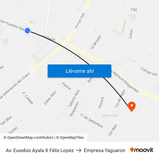 Av. Eusebio Ayala X Félix Lopéz to Empresa Yaguaron map