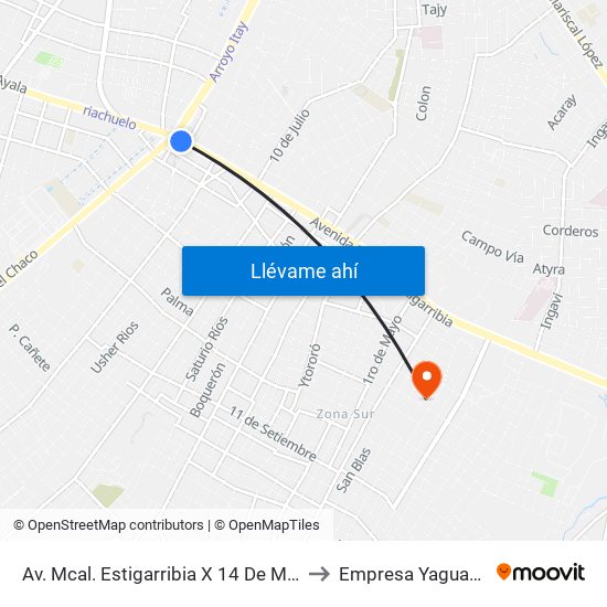 Av. Mcal. Estigarribia X 14 De Mayo to Empresa Yaguaron map