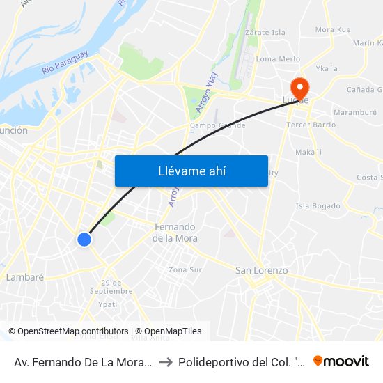 Av. Fernando De La Mora X Av. Argentina to Polideportivo del Col. "Santa Teresita" map