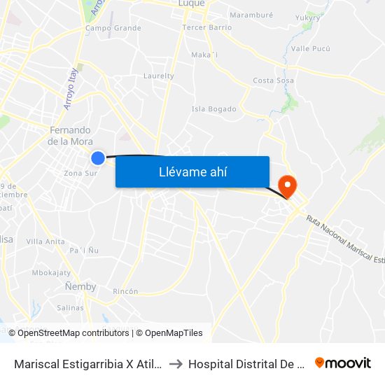 Mariscal Estigarribia X Atilio Galfre to Hospital Distrital De Capiatá map