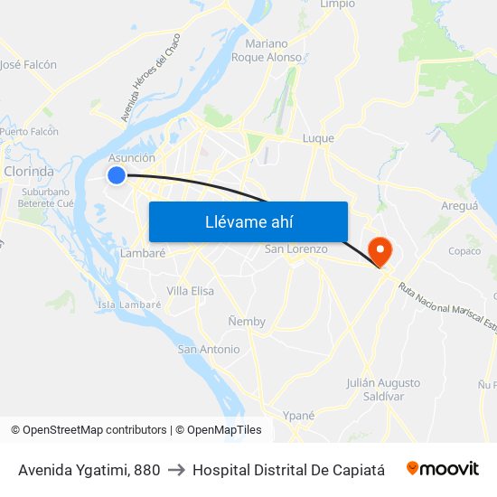 Avenida Ygatimi, 880 to Hospital Distrital De Capiatá map