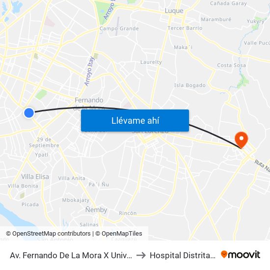 Av. Fernando De La Mora X Universitarios Del Chaco to Hospital Distrital De Capiatá map