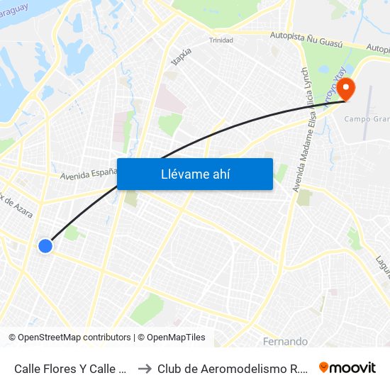 Calle Flores Y Calle Melgarejo to Club de Aeromodelismo R.C. Ñu Guasu map