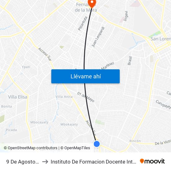 9 De Agosto, 345 to Instituto De Formacion Docente Interregional map