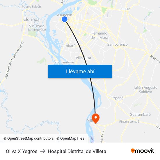 Oliva X Yegros to Hospital Distrital de Villeta map