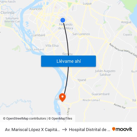 Av. Mariscal López X Capitán Bueno to Hospital Distrital de Villeta map