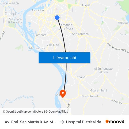 Av. Gral. San Martín X Av. Mcal. López to Hospital Distrital de Villeta map