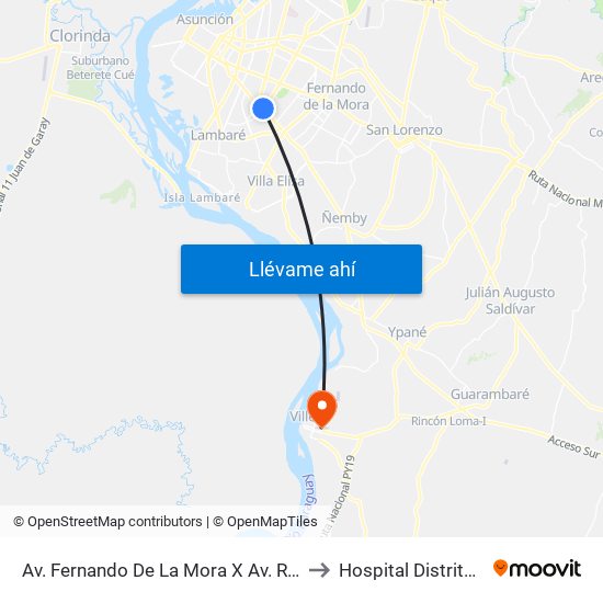 Av. Fernando De La Mora X Av. República Argentina to Hospital Distrital de Villeta map