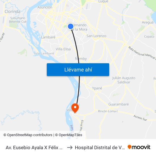 Av. Eusebio Ayala X Félix Lopéz to Hospital Distrital de Villeta map
