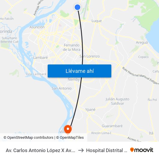 Av. Carlos Antonio López X Av. Eusebio Ayala to Hospital Distrital de Villeta map