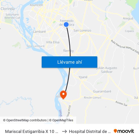 Mariscal Estigarribia X 10 De Julio to Hospital Distrital de Villeta map