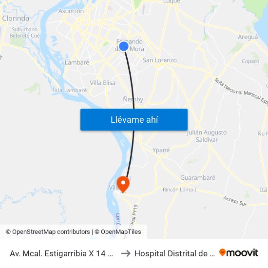 Av. Mcal. Estigarribia X 14 De Mayo to Hospital Distrital de Villeta map