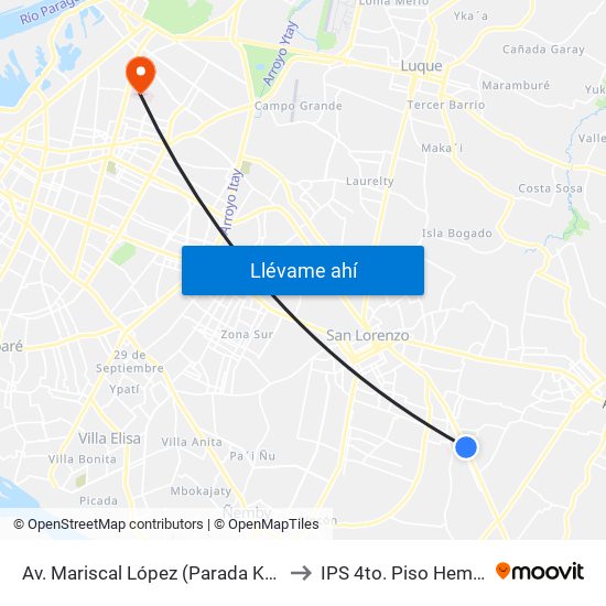Av. Mariscal López (Parada Km. 17 (1/2)) to IPS 4to. Piso Hematologia map