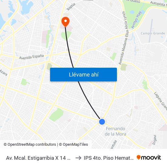 Av. Mcal. Estigarribia X 14 De Mayo to IPS 4to. Piso Hematologia map