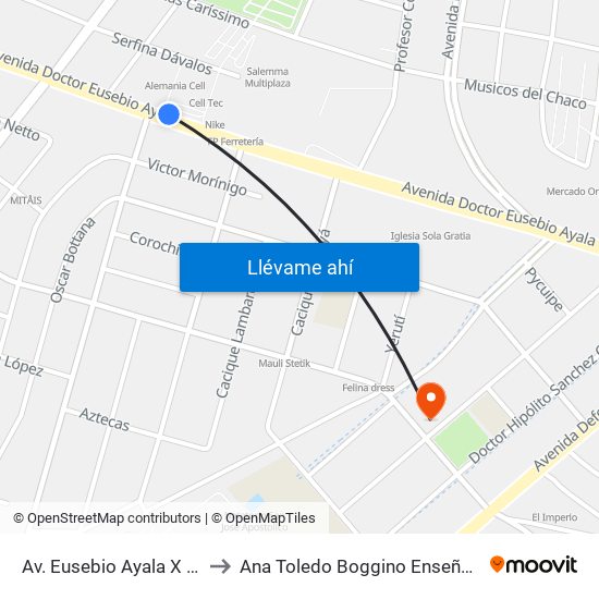 Av. Eusebio Ayala X Félix Lopéz to Ana Toledo Boggino Enseñanza Particular map