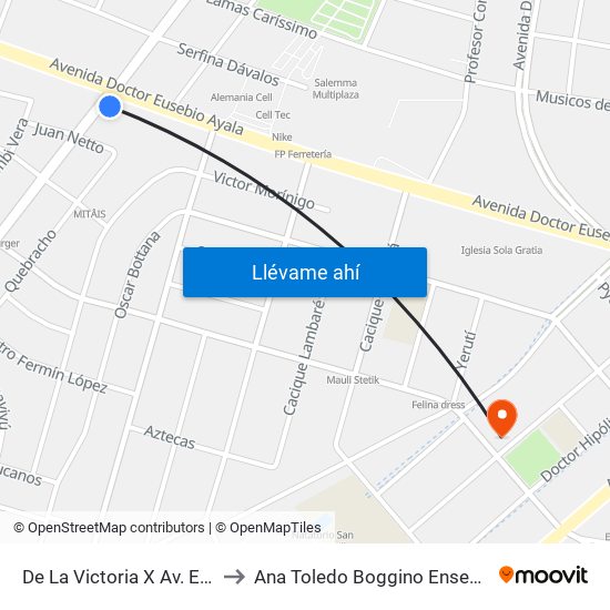 De La Victoria X Av. Eusebio Ayala to Ana Toledo Boggino Enseñanza Particular map
