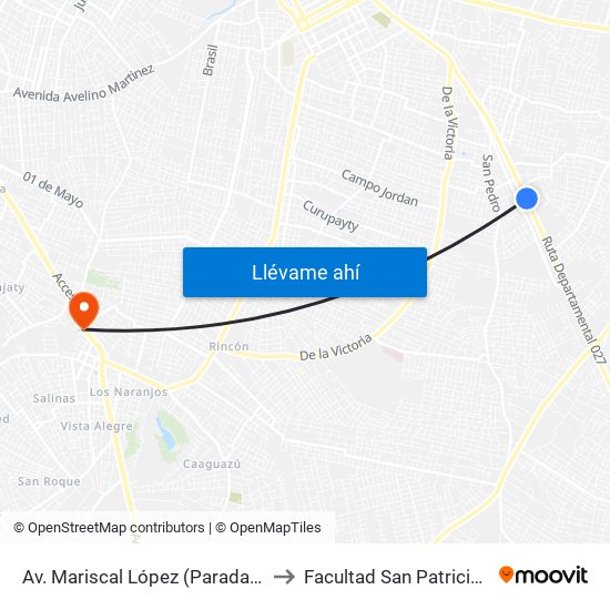 Av. Mariscal López (Parada Km. 17 (1/2)) to Facultad San Patricio De Irlanda map