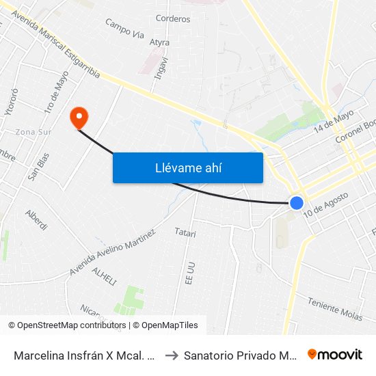 Marcelina Insfrán X Mcal. Estigarribia to Sanatorio Privado MAINCOOP map