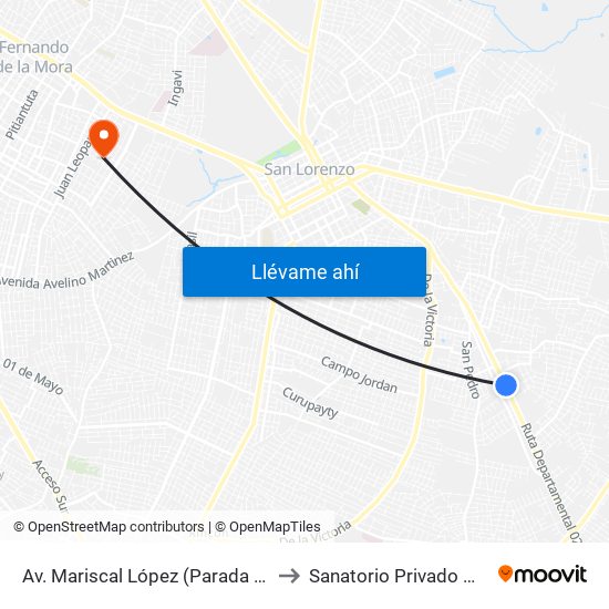Av. Mariscal López (Parada Km. 17 (1/2)) to Sanatorio Privado MAINCOOP map