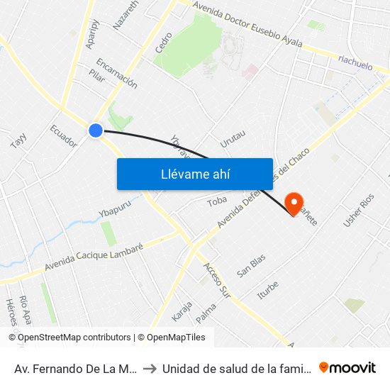 Av. Fernando De La Mora X Av. Argentina to Unidad de salud de la familia José Alfonso Godoy map