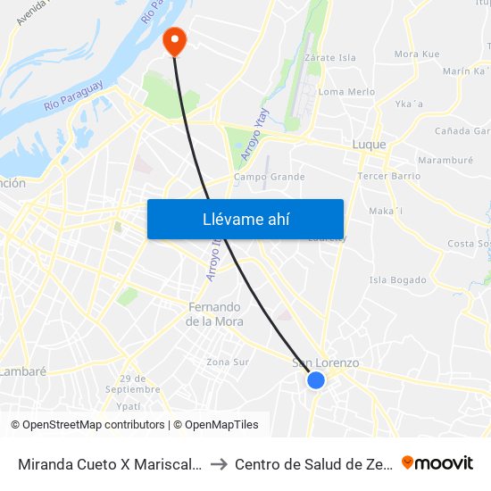 Miranda Cueto X Mariscal Estigarribia to Centro de Salud de Zeballos Cué map