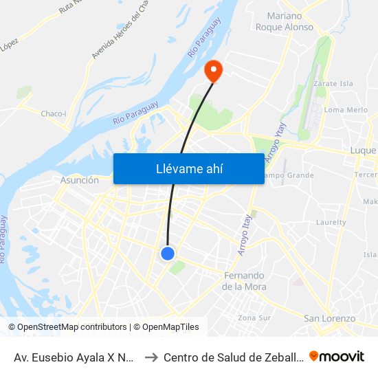 Av. Eusebio Ayala X Nazareth to Centro de Salud de Zeballos Cué map