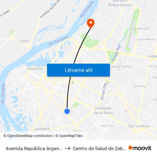 Avenida República Argentina, 3016 to Centro de Salud de Zeballos Cué map