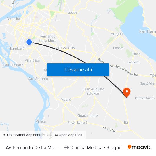 Av. Fernando De La Mora X Av. Argentina to Clínica Médica - Bloques C,D,E,F (H.N.I.) map