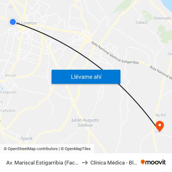 Av. Mariscal Estigarribia (Facultad De Ciencias Económicas) to Clínica Médica - Bloques C,D,E,F (H.N.I.) map