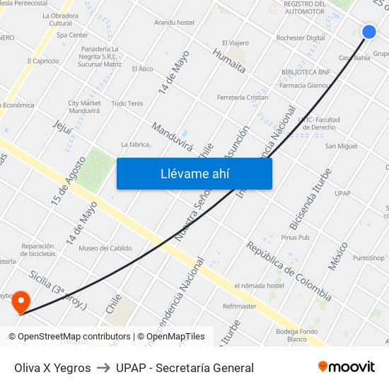 Oliva X Yegros to UPAP - Secretaría General map