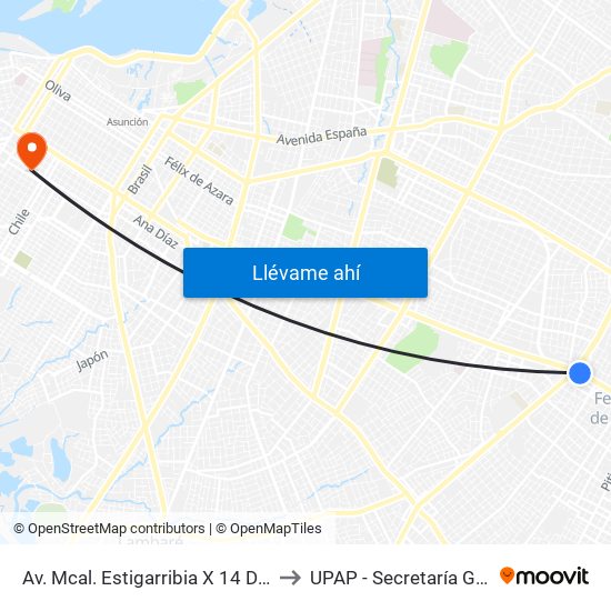 Av. Mcal. Estigarribia X 14 De Mayo to UPAP - Secretaría General map