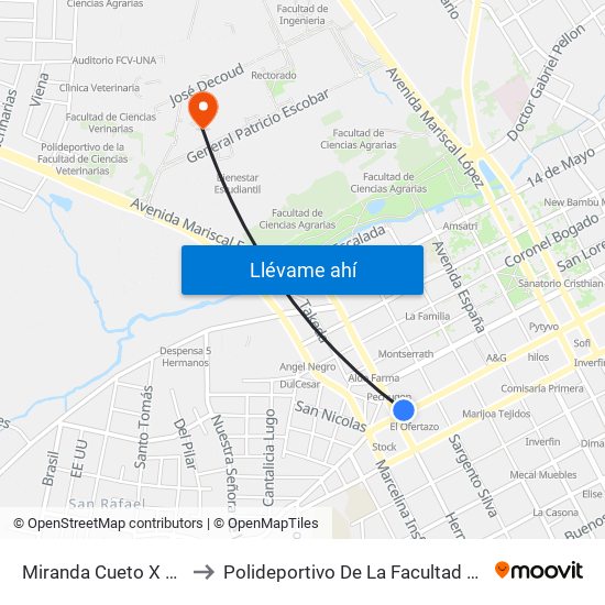 Miranda Cueto X Mariscal Estigarribia to Polideportivo De La Facultad De Ciencias Exactas Y Naturales map