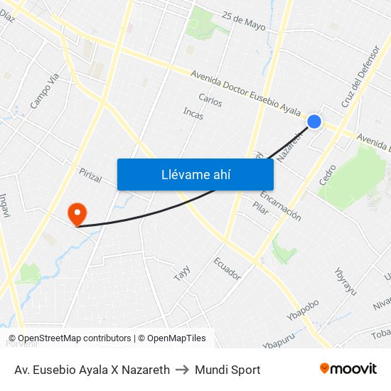 Av. Eusebio Ayala X Nazareth to Mundi Sport map