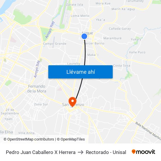 Pedro Juan Caballero X Herrera to Rectorado - Unisal map