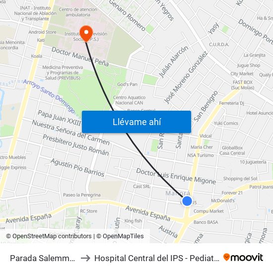 Parada Salemma Super Center to Hospital Central del IPS - Pediatría 3er Piso (Lactantes II) map